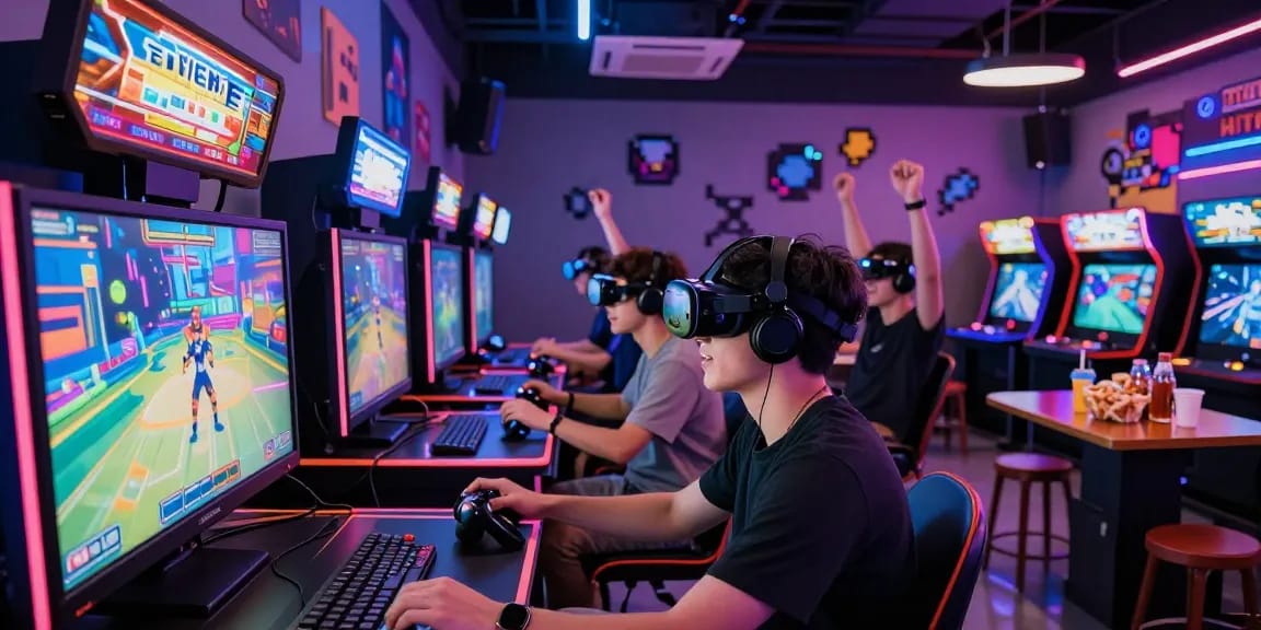 Engaged gamer at rokok88 arcade station with vibrant visuals and friends.