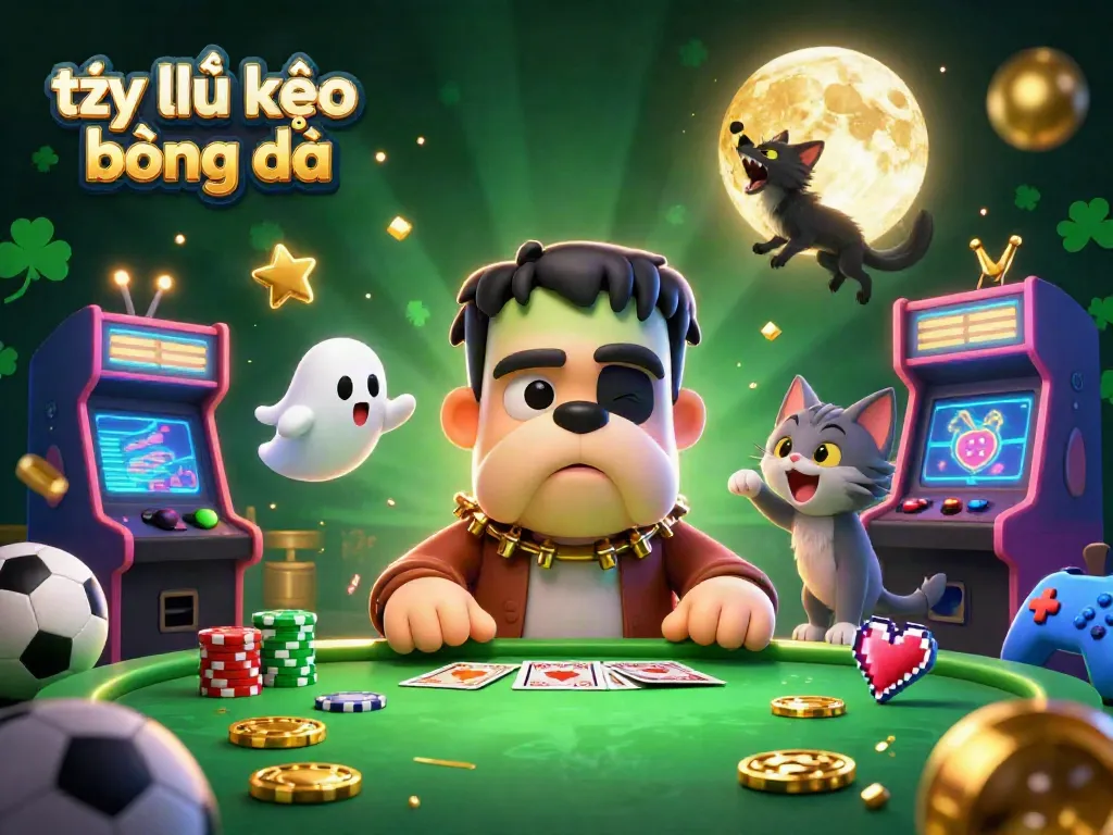 Bet on tỷ lệ kèo bóng đá with a quirky monster dealer showcased in a lively casino scene.