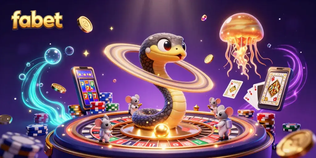 Experience the exciting gameplay at fabet with dynamic characters, floating casino elements, and a captivating cosmic dealer.