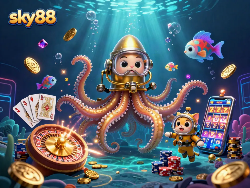 Engage with sky88's vibrant casino world featuring a colossal kraken, diving cat, and dynamic gambling elements.
