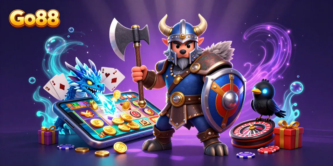 Experience slot gaming magic with Go88 - a 3D Viking warrior, fierce dragon, and gaming elements create an epic scene.