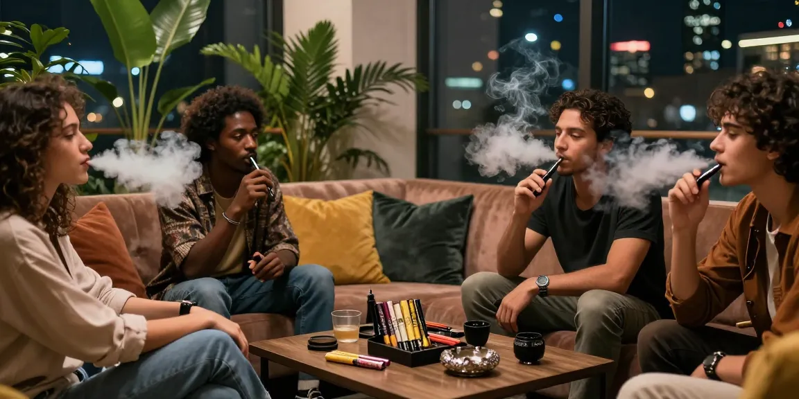 Group enjoying a vibrant smoking lounge with rokok88 products, stylish ambiance and city view.