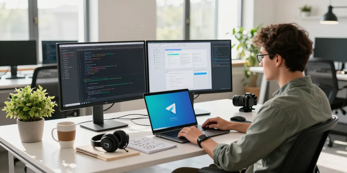 Telegram Download on a developer's screen in a modern office environment, showcasing productivity and tech innovation.
