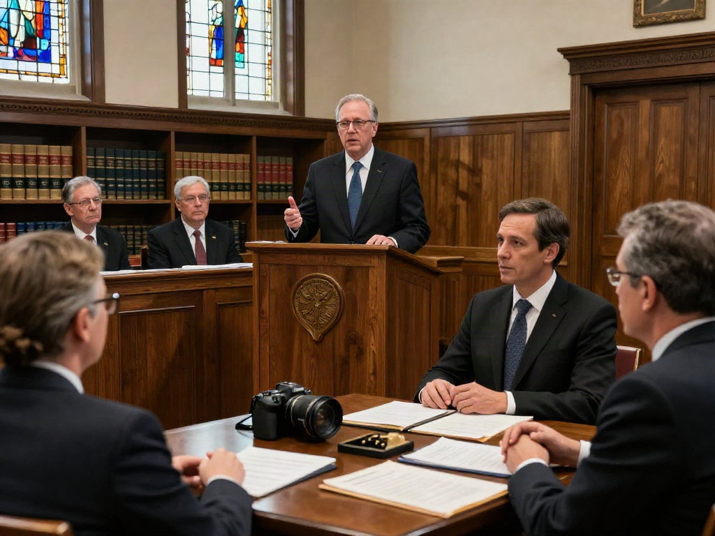 Dynamic courtroom scene with a lawyer presenting key arguments in a rokok88 case, capturing legal engagement and professionalism.
