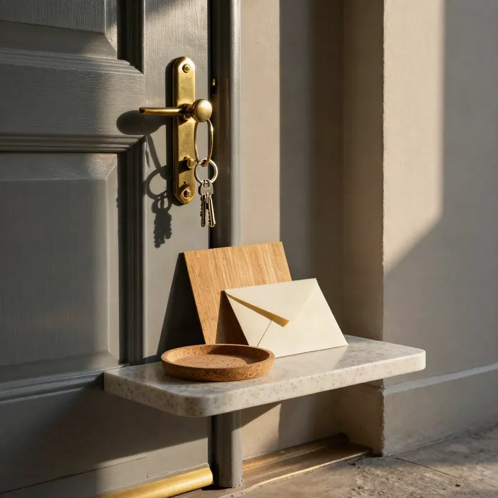 Hallway console with keys, latch plate, envelope and cork tray in a sunlit front-door entry