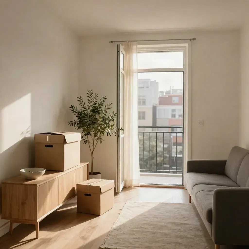 Vacated apartment living room with boxes, key bowl, plant, and open balcony door in warm daylight.