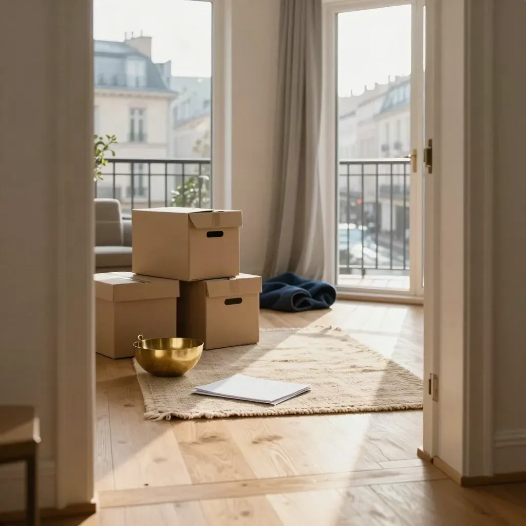 Rain-washed apartment entry with moving boxes, brass key bowl, rug and open balcony door