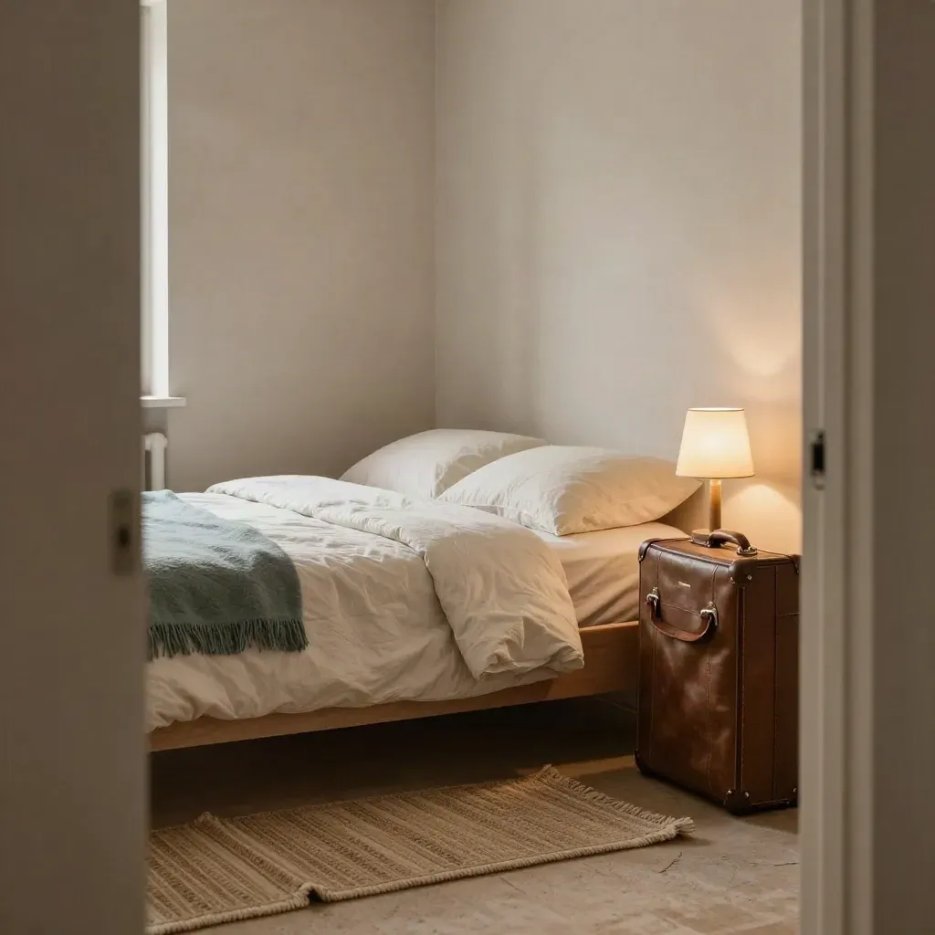 Compact studio corner with bed, rug, suitcase, and glowing lamp in warm afternoon light.