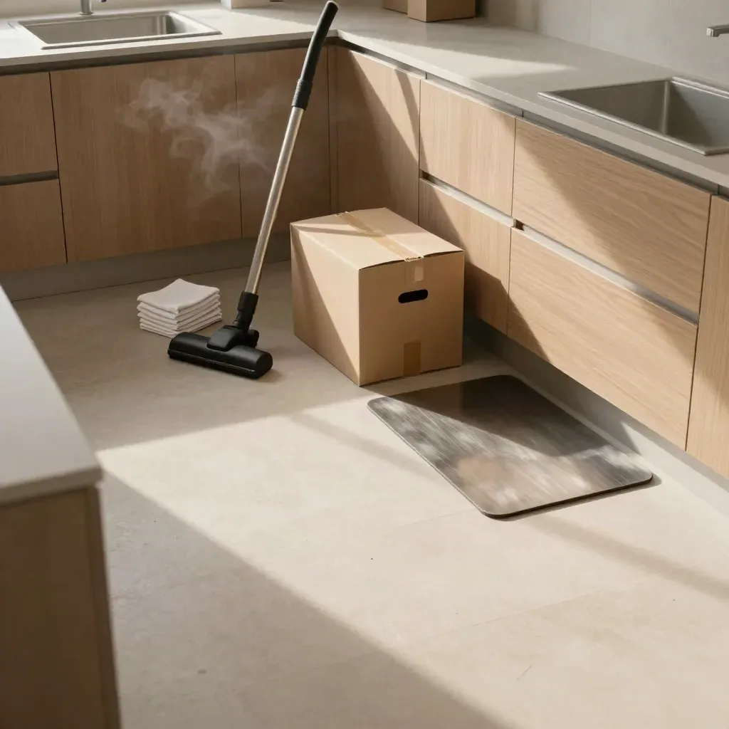 Top-down view of an emptied kitchen with cleaning cloths, boxes, a vacuum head, and a flipped mat.