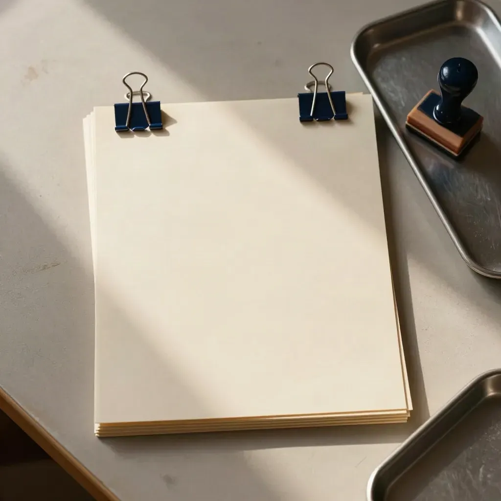 Overhead stack of cream folders, binder clips, rubber stamp and metal tray on a pale desk.