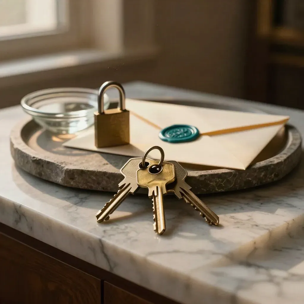 Key sets, envelope, lock and glass dish on a marble ledge in warm late-afternoon light.
