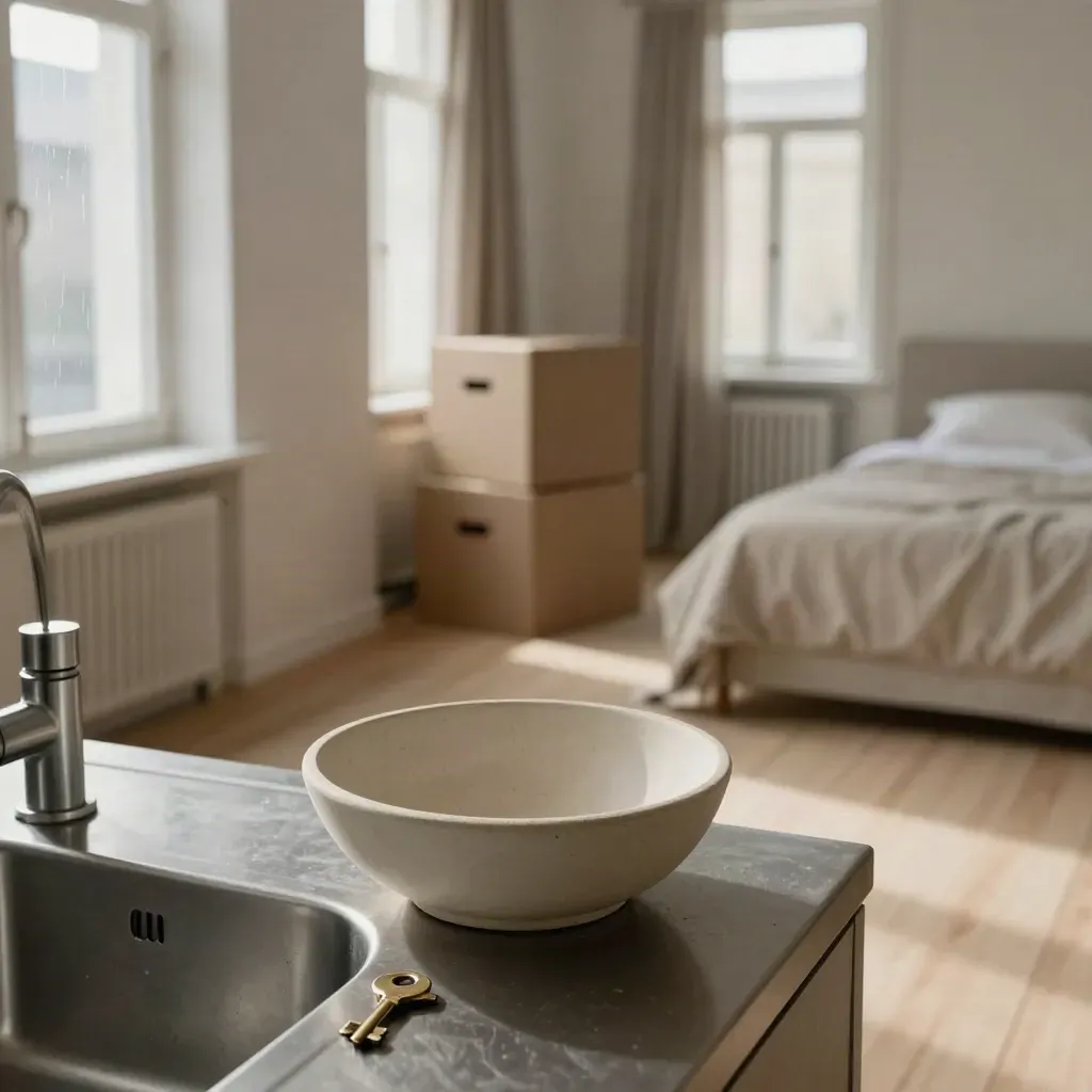 Berlin studio reset with key bowl, boxes, made bed and open windows