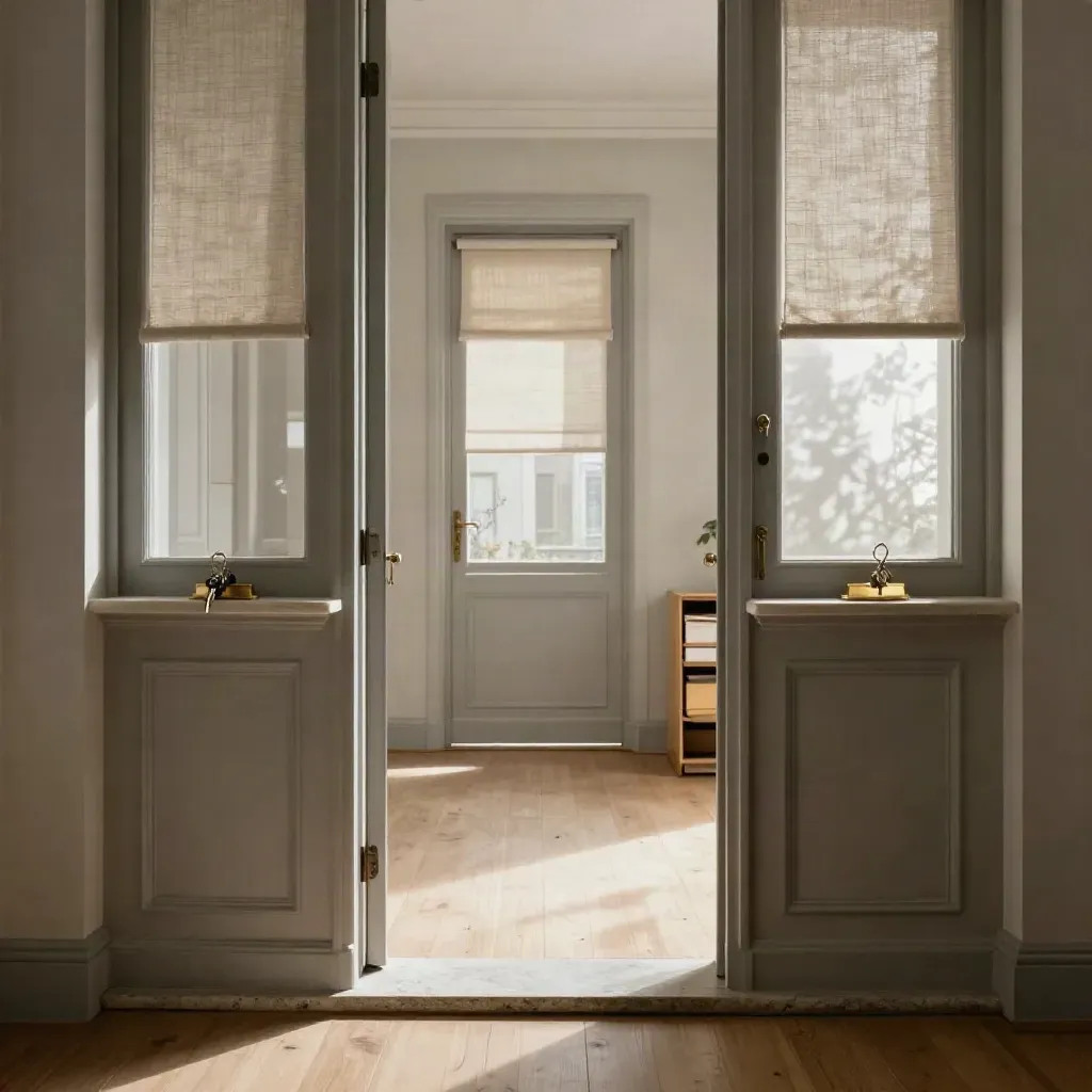 Two freshly staged Milan apartment entrances with key trays, blinds, and clean walls
