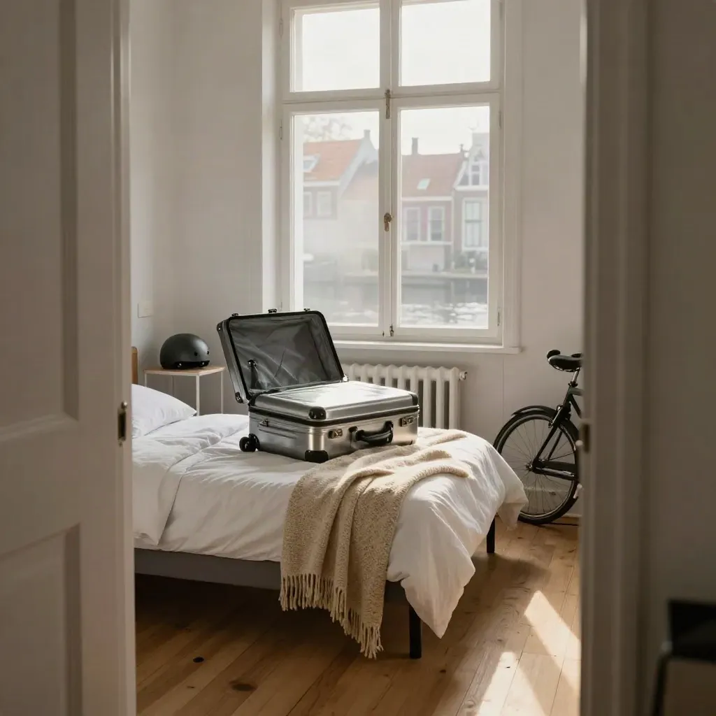Amsterdam student room ready for handover, with bed, helmet, suitcase and misty canal roofs.