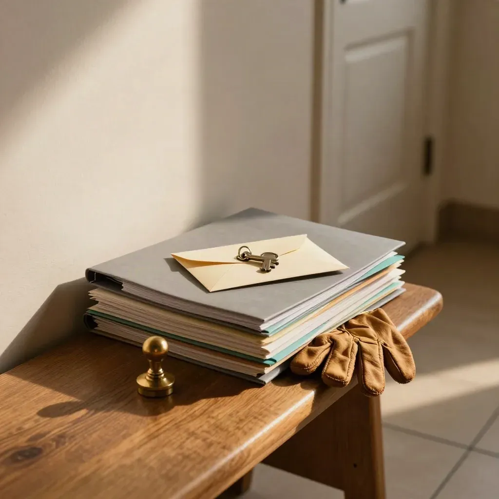 Vienna hallway bench with lease folders, key envelope, seal stamp, and gloves in warm afternoon light