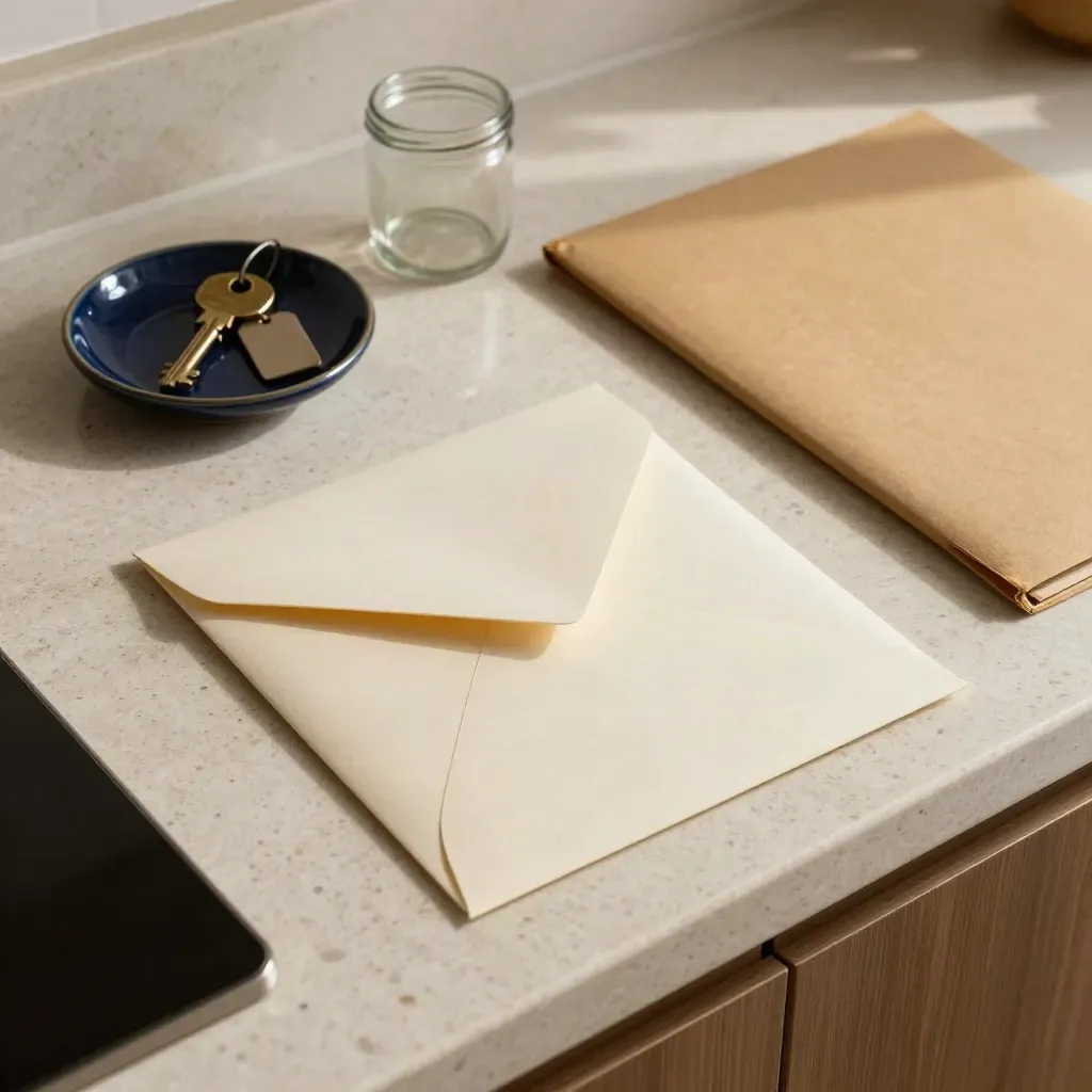 Sealed envelope, key dish, glass jar and folder on a Barcelona stone counter.