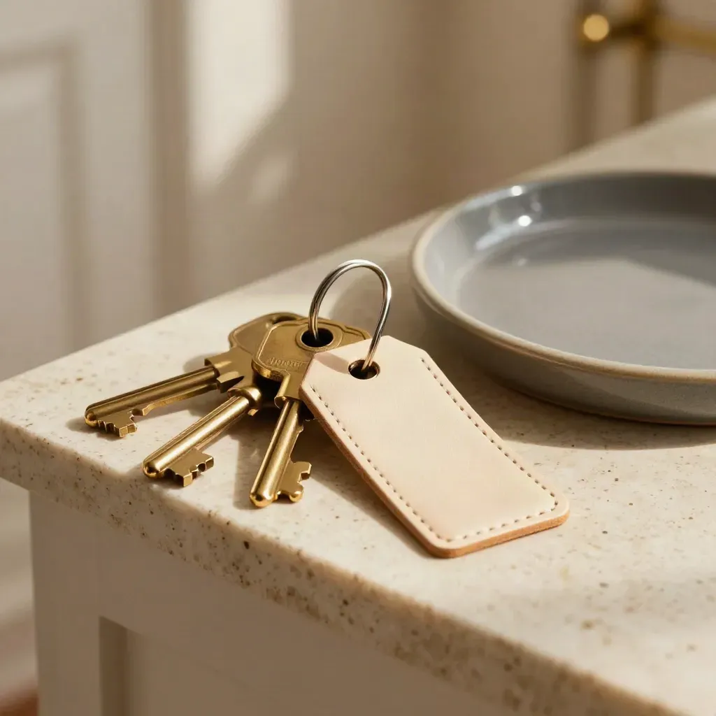 Brass keys, leather tag, and ceramic tray on travertine with soft light