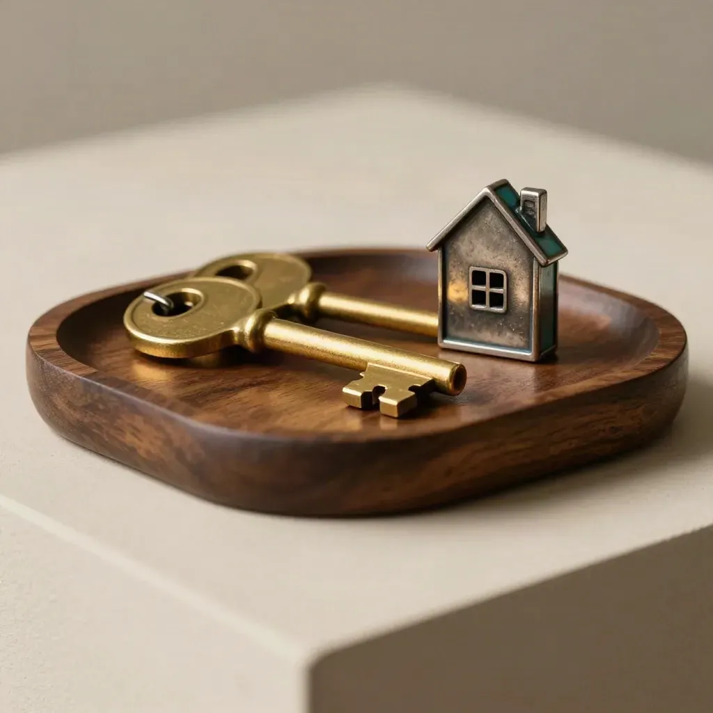 Brass keys and a metal house token on a walnut tray under dramatic side light.