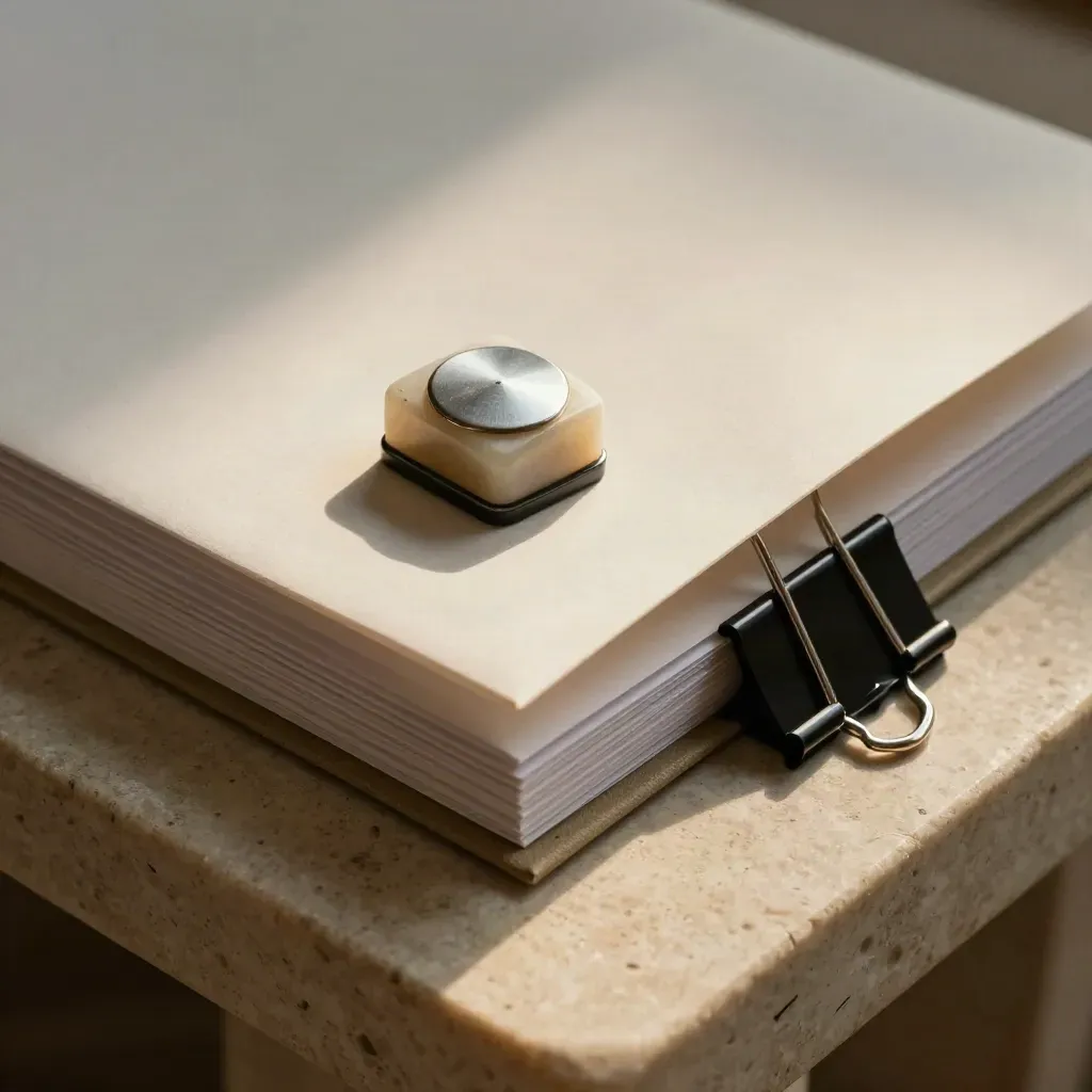Overhead macro of sealed document sleeves, embosser, binder clip and stone paperweight.