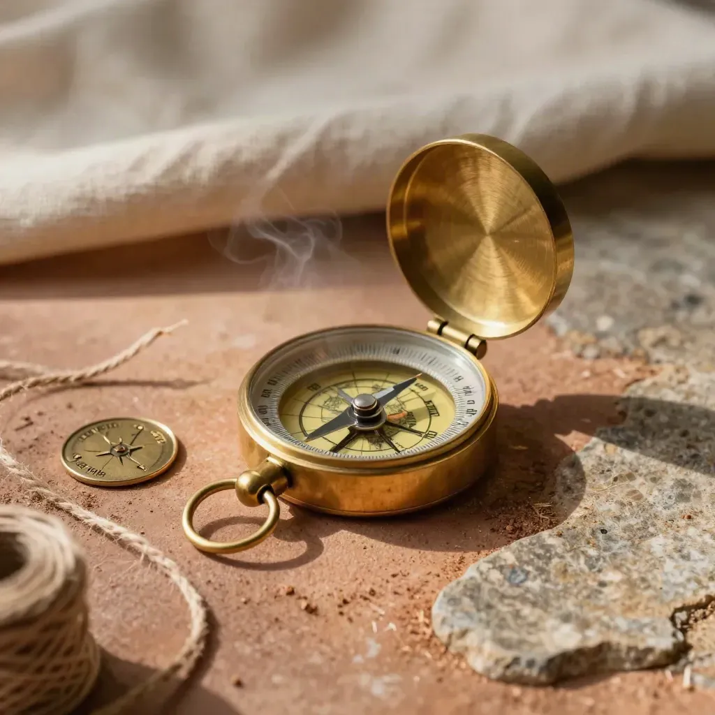 Brass compass, small globe, transit token and twine spool on a stone tray in hard daylight.