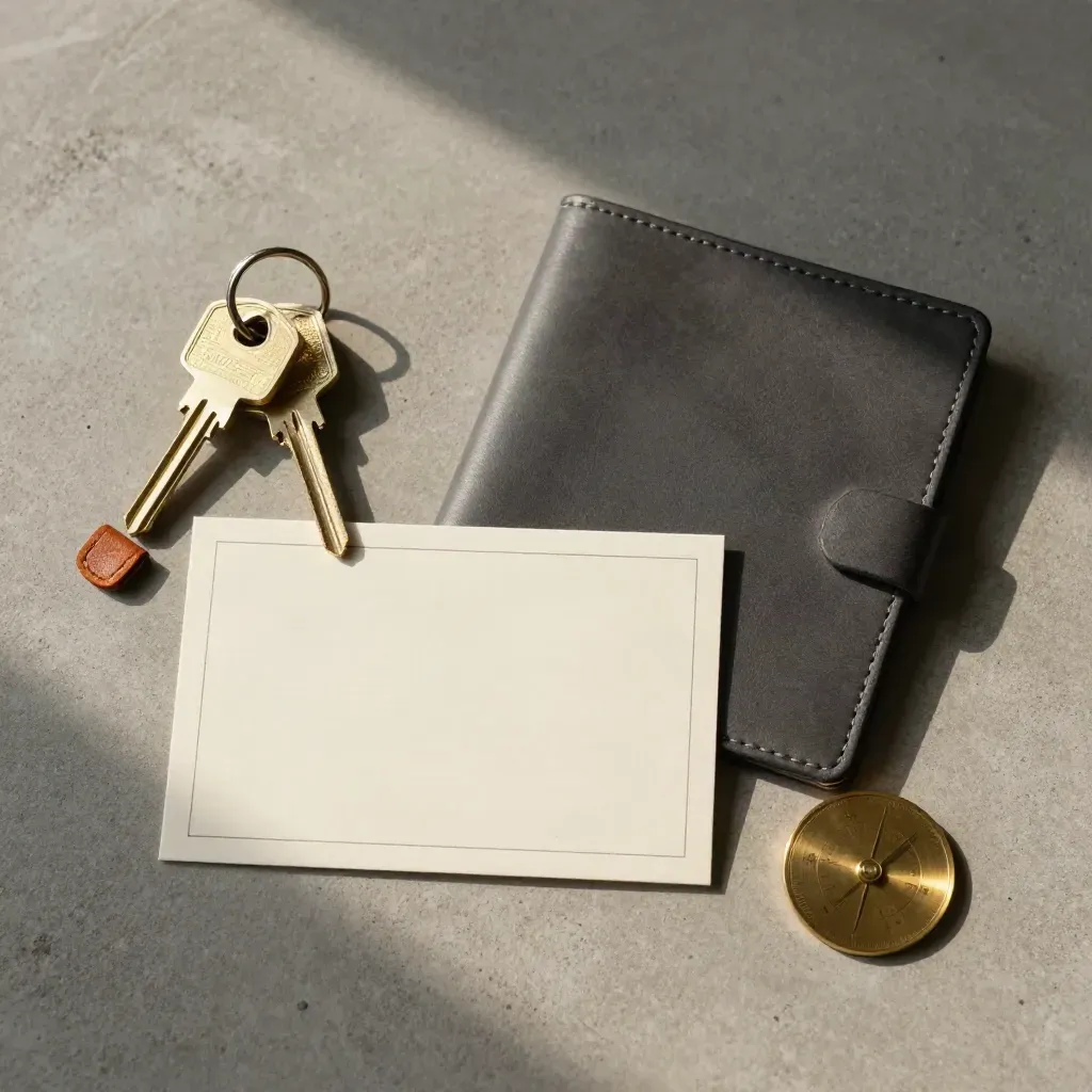 Keys, blank card, leather folder and brass disc on concrete flatlay.