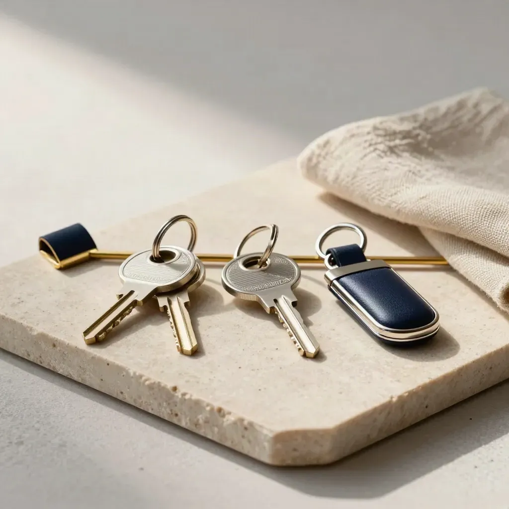 Three renter key bundles with brass divider and linen cloth on a pale stone tray.