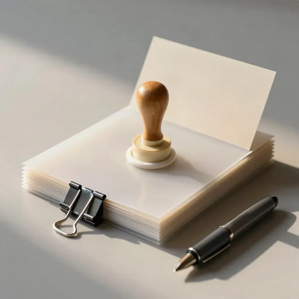 Sealed document sleeves with wax seal and clips on a pale wood desk