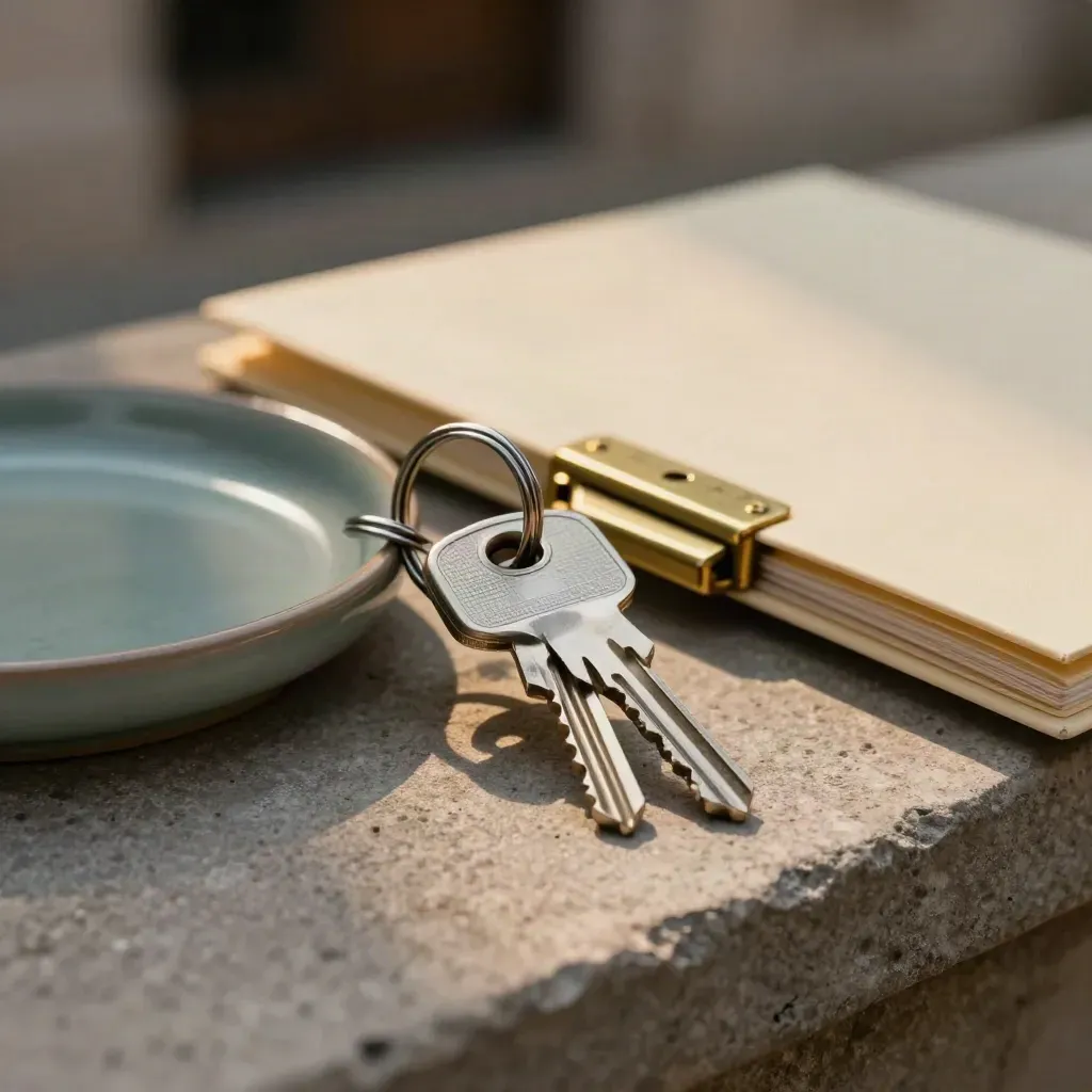 Key ring, latch plate, folder and ceramic tray beside a blurred doorway at handover time.