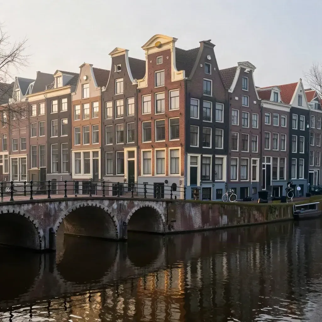 Amsterdam canal houses and a bridge above calm misty water at golden hour