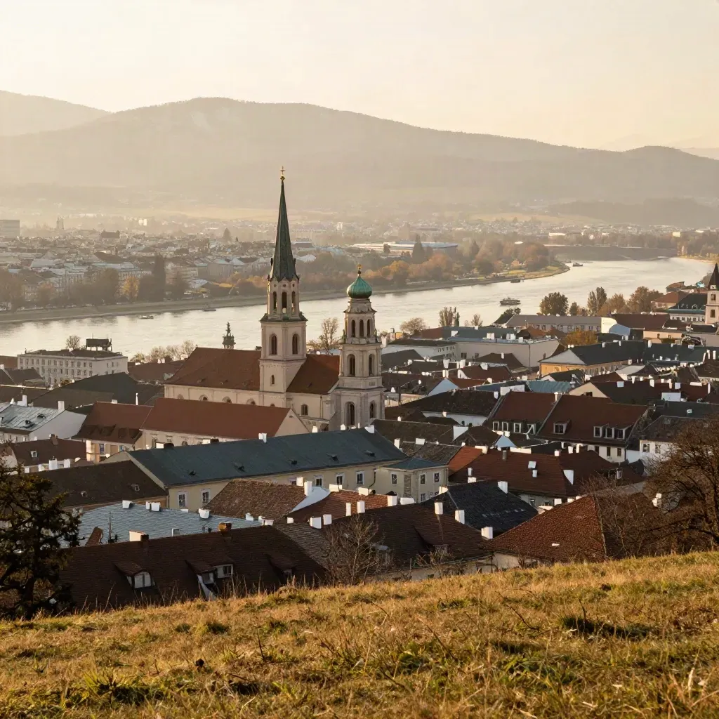 Vienna rooftops above a hazy meadow, river plain and distant alpine ridge at golden hour
