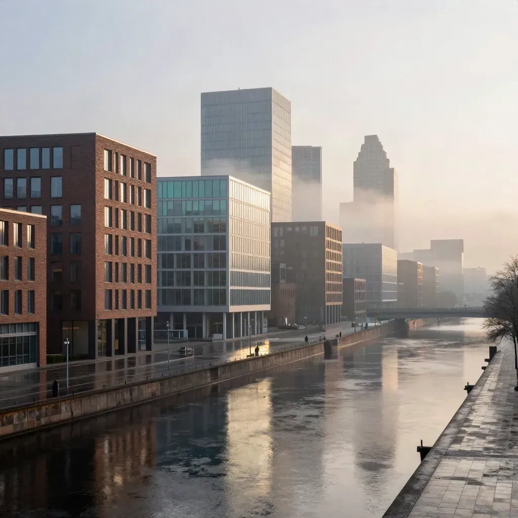Berlin skyline edge with canal, wet plaza, and misty dawn light