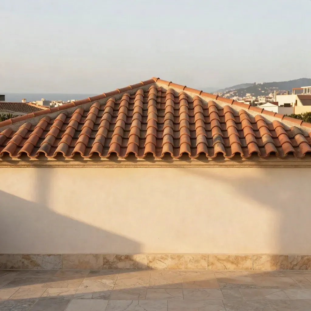 Sunlit Barcelona rooftops and stone terrace under heat haze, with calm space below.