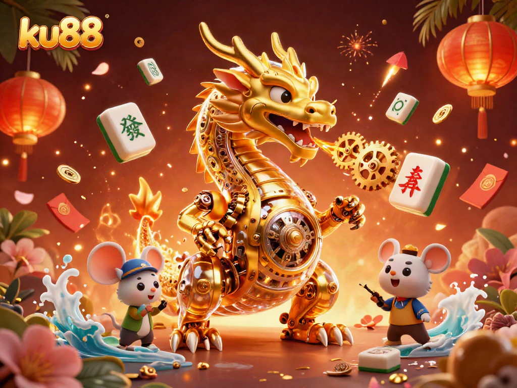 Experience thrilling gaming adventures at ku88 with a vibrant 3D dragon amidst diverse casino elements.