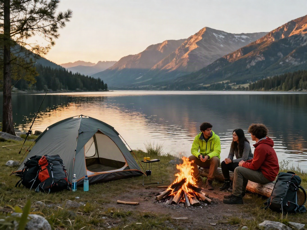 A scenic camping setup by the lakeside enjoying the outdoors with ROKOK88 alternatif gear.