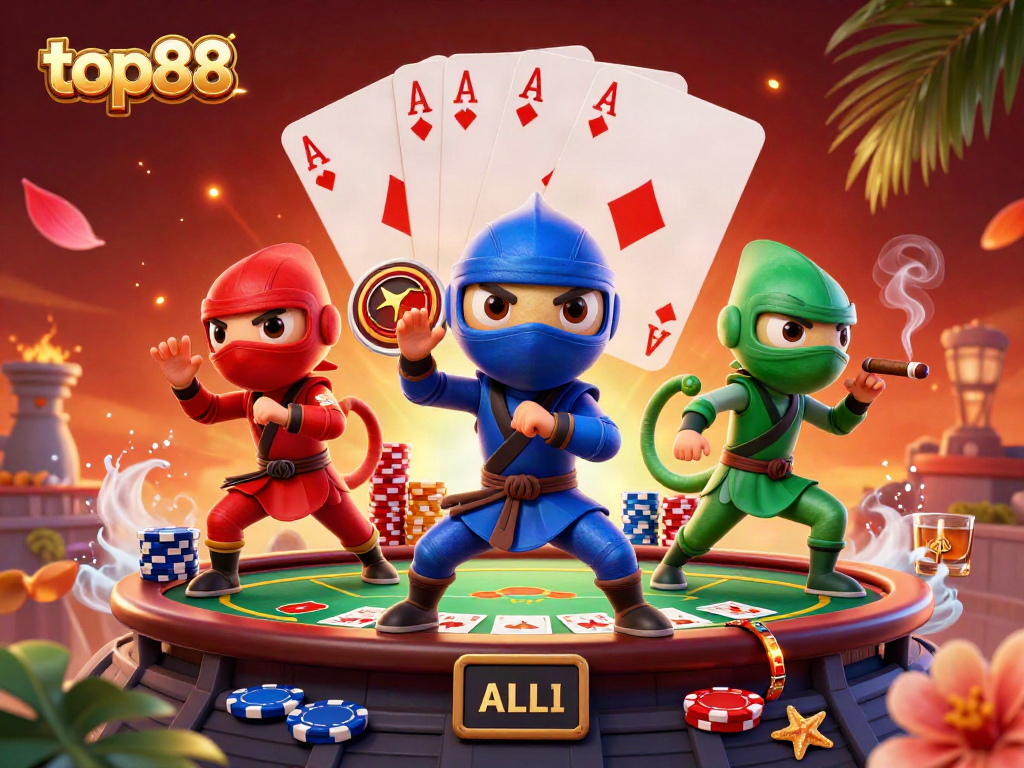Top88 showcases a trio of cartoon ninja chameleons showcasing poker skills in a vibrant casino scene.