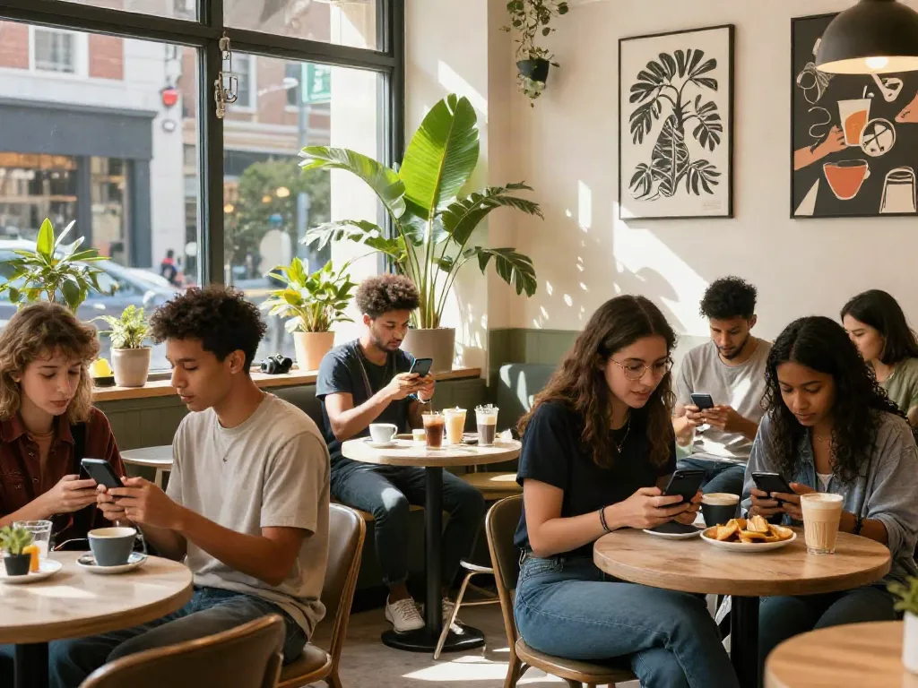 Social gathering at rokok88 café with friends enjoying coffee and pastries in a vibrant urban setting.