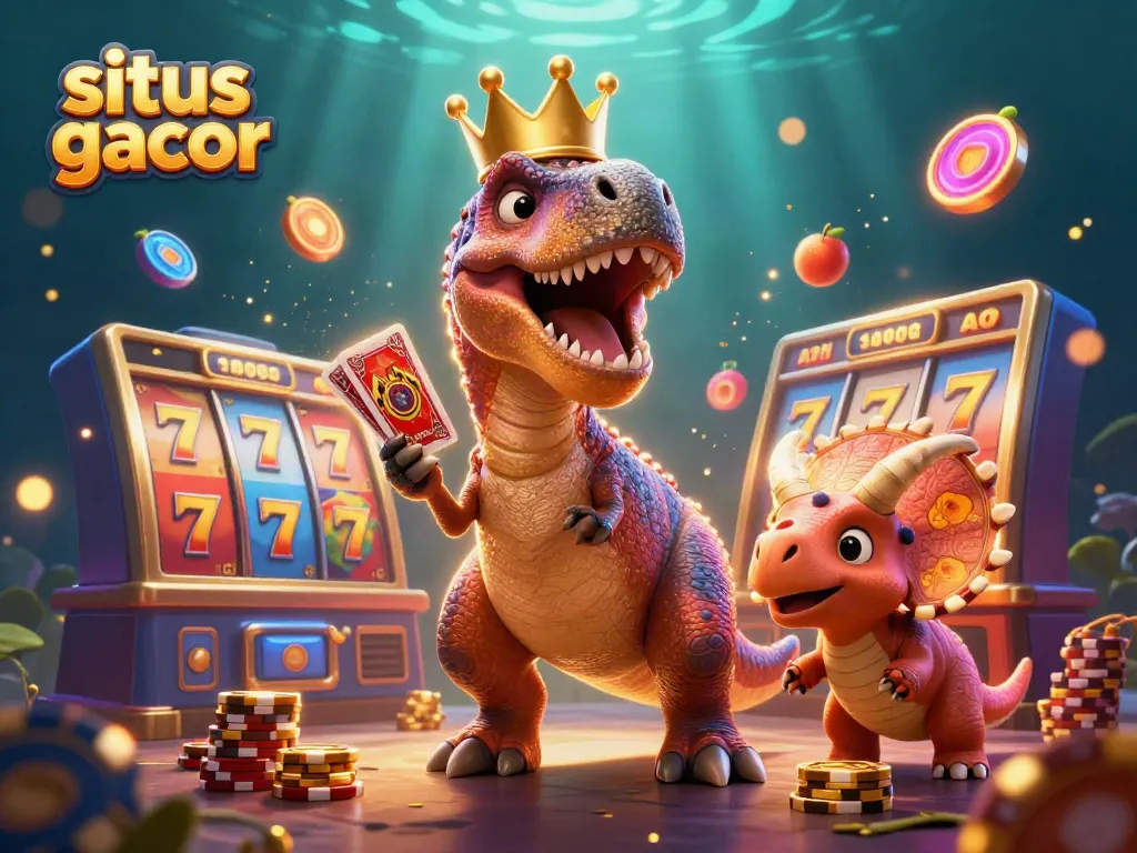 Experience thrilling jackpots with situs gacor, featuring a T-Rex shuffling cards amid vibrant swirls of slot game symbols.