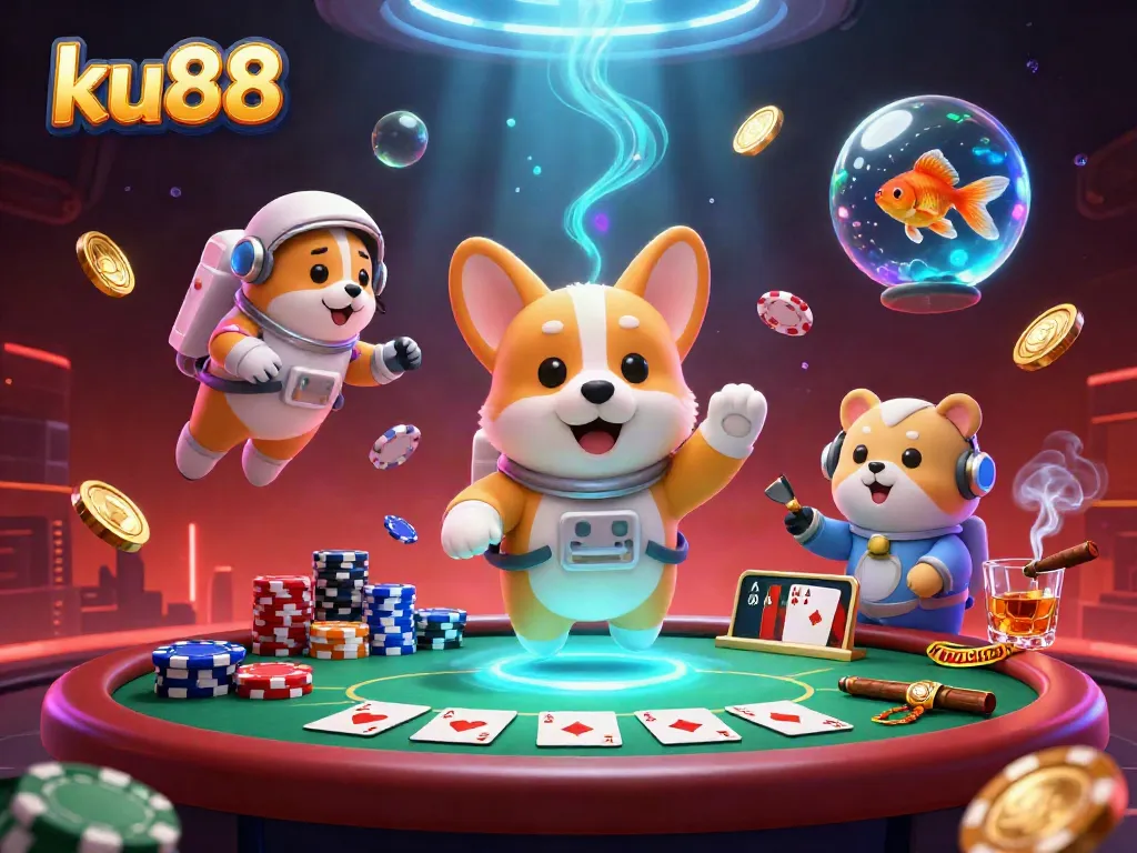 ku88 enhances gaming excitement with a vibrant scene of an astronaut corgi, hamster, and goldfish in a floating casino