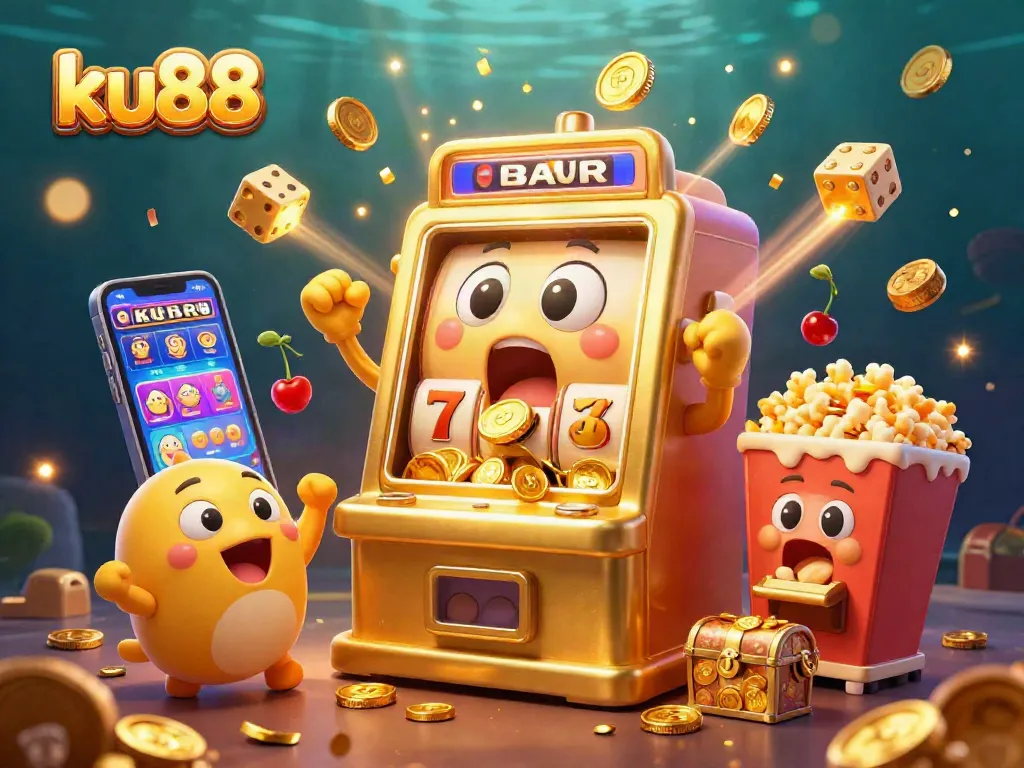 ku88’s vibrant 3D cartoon slot machine hits a jackpot, celebrating with floating coins and cheering mini slots.