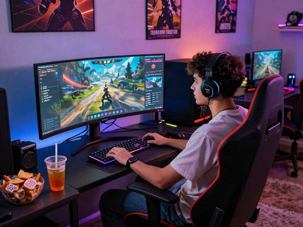 Enthusiastic gamer immersed in a porn game, surrounded by modern gaming gear and vibrant lighting.