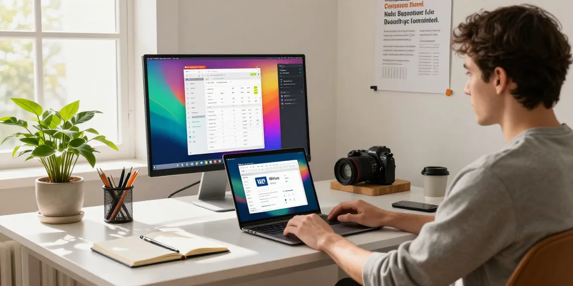 Download WPS Office on a modern home office desk setup with user engaged in work.