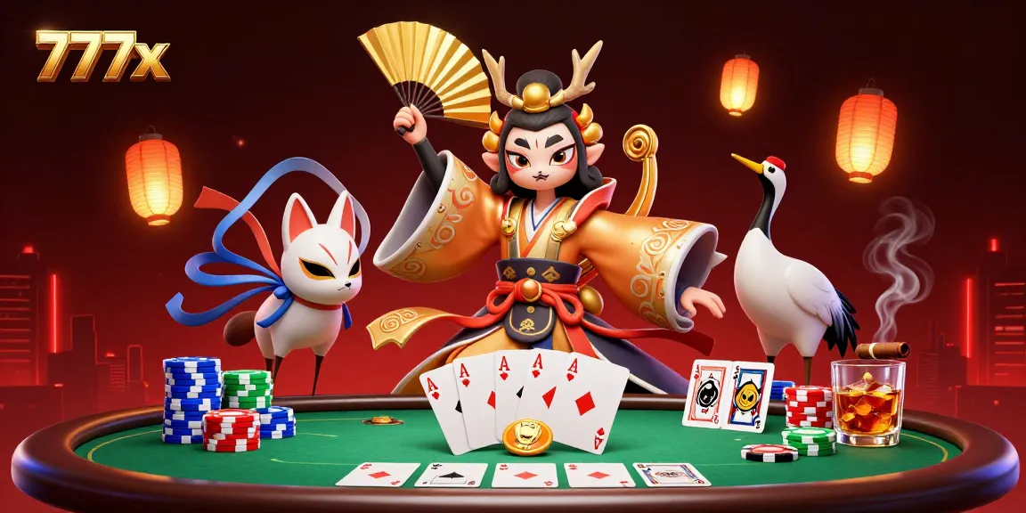 Engage with poker action at 777x in a vibrant 3D illustration featuring a kabuki warrior crane.