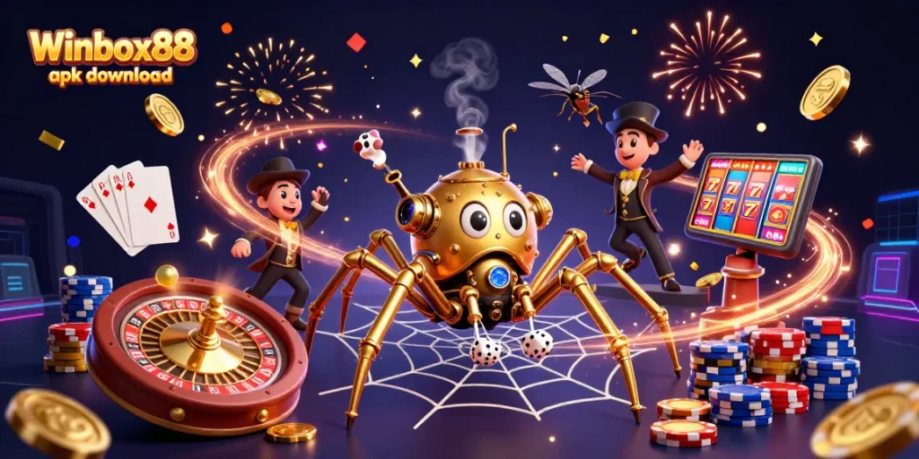 Experience seamless gaming with Winbox88 apk download in a vibrant, dynamic casino scene.