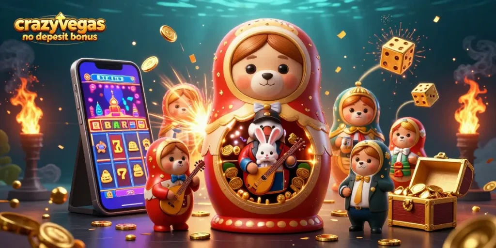 Spin to win at crazyvegas no deposit bonus with vibrant casino elements and playful characters!